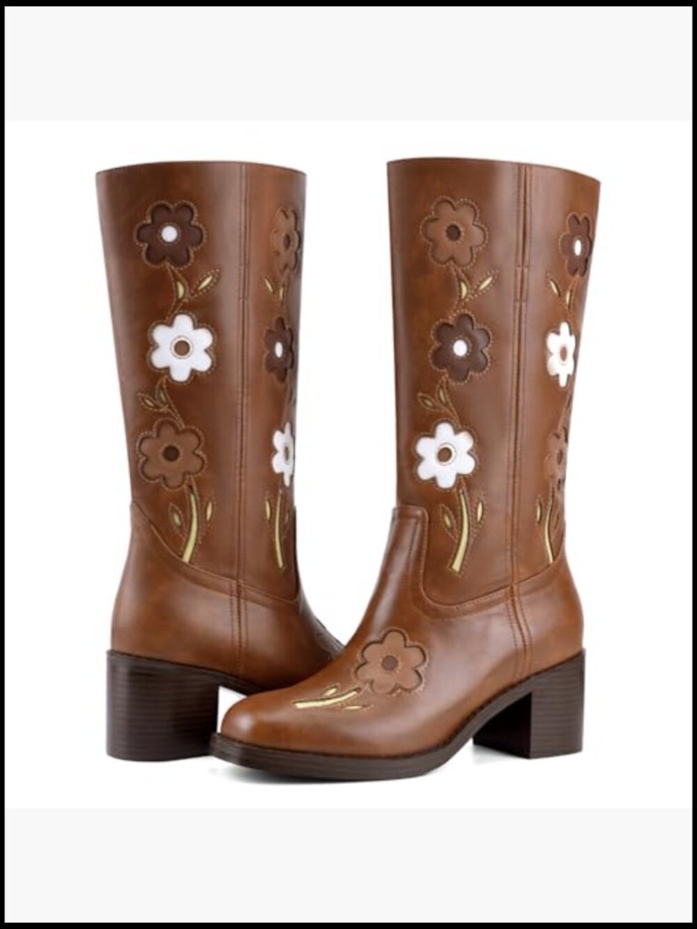 Square Toe Chunky Block Heel Knee High Boots Boho Floral Vintage Tall Boots - Picture 6 of 7